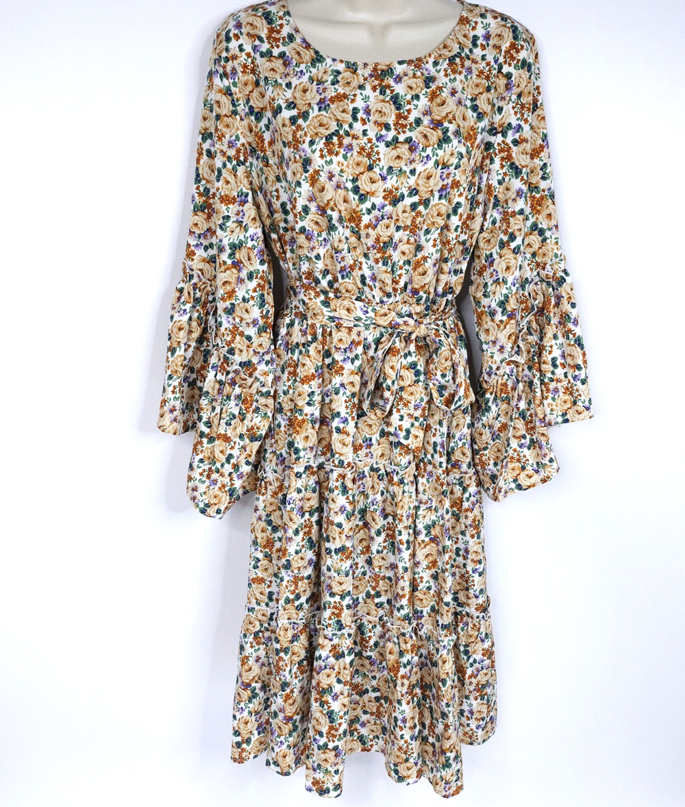 Sucrefas Womens Floral Dress XL Yellow Purple Floral Ruffle Tie Waist